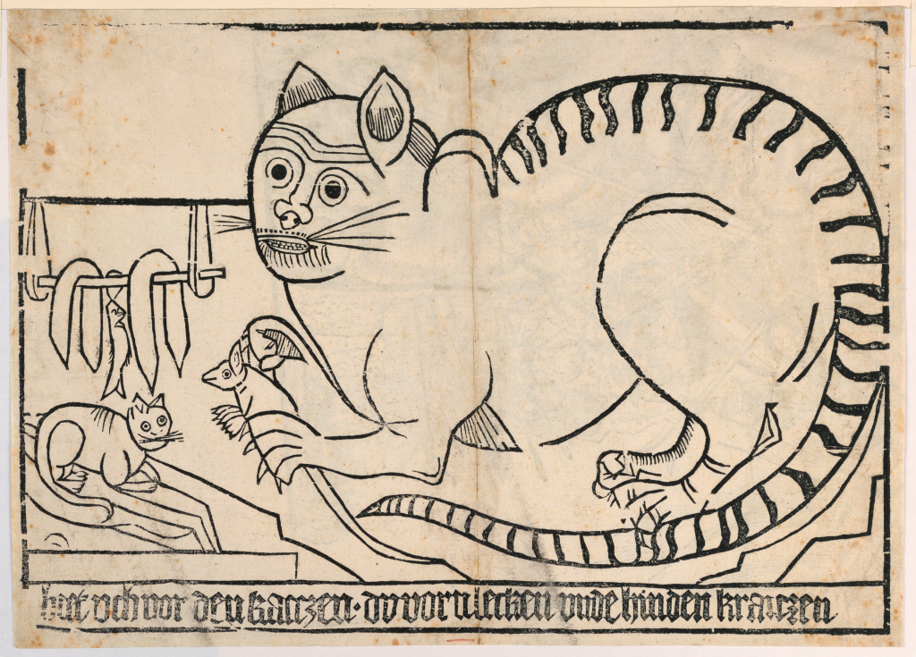Medieval woodcut of a striped cat holding a mouse